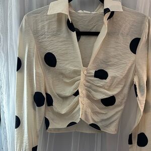 H&M Cream Button-Down Crop Shirt with Black Polka Dots